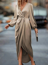 Satin Crepe V-Neck Ruched Slit Elegant Cocktail Party Dress